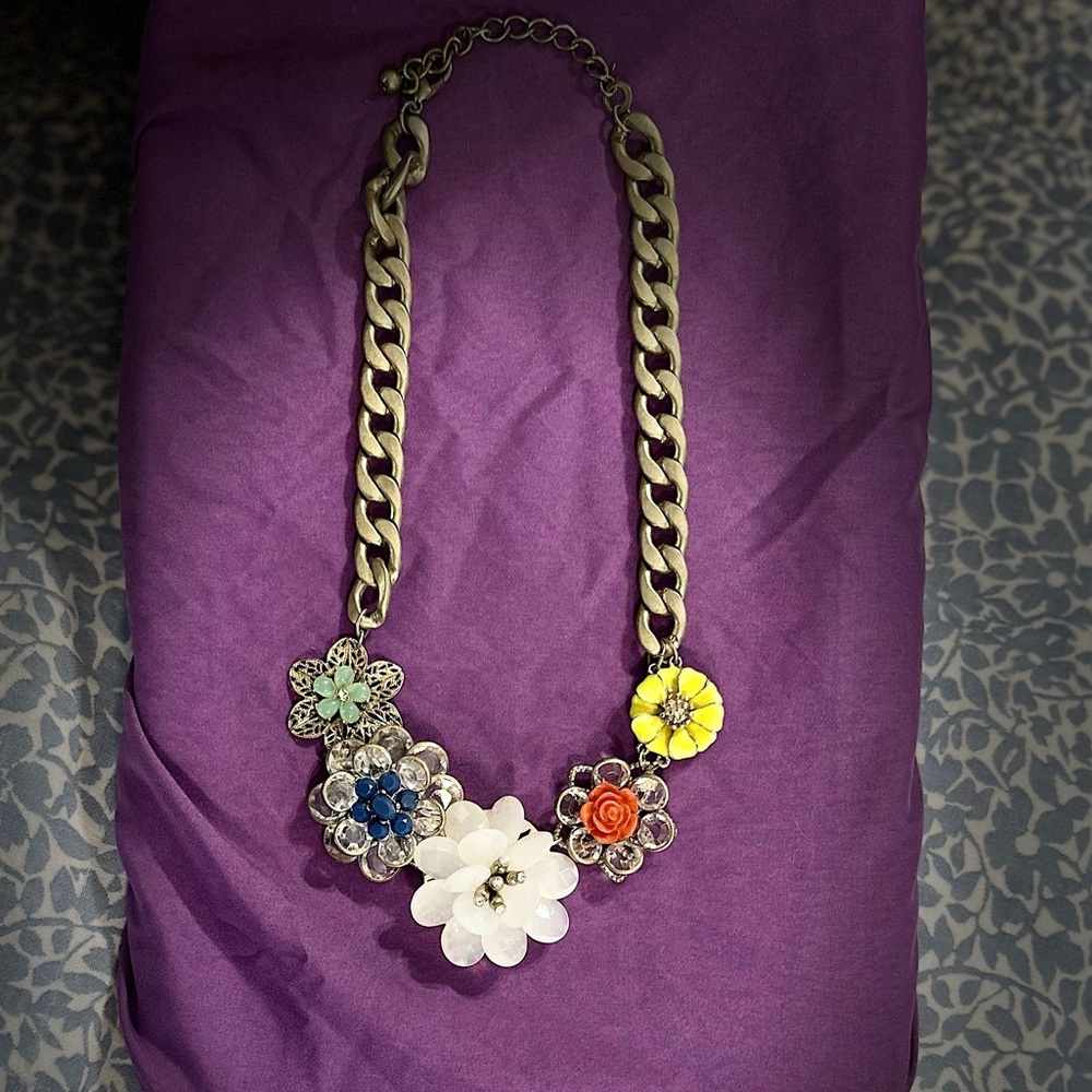 Gold and Blue Floral Necklace with Chunky Chain